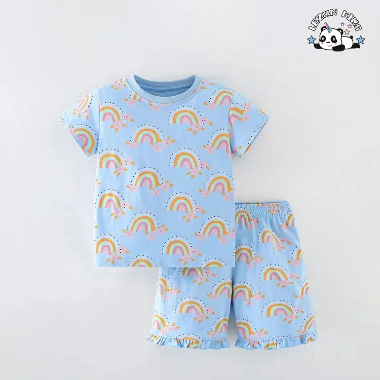 LEZONKIDS - Conjunto de Roupas de Boutique para Meninas com Preço Direto da Fábrica, 2 Peças, Azul, Impressão de Arco-íris Fofo, Personalizável OEM para Verão